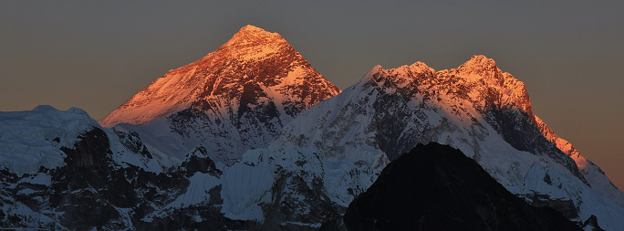 Mount Everest and Nuptse at sunset. View from Gokyo Ri.