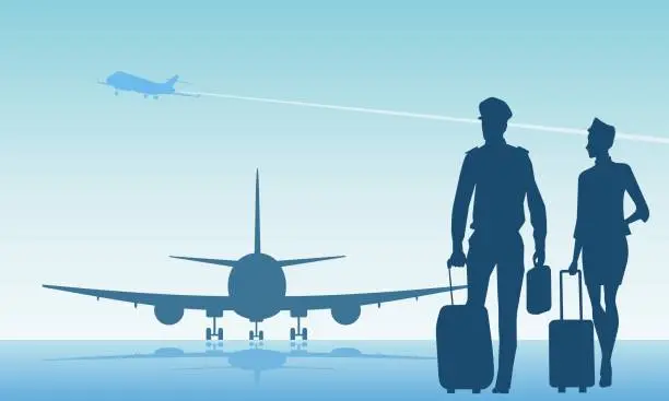 Vector illustration of Captain pilot and hostess are walking on the plane.