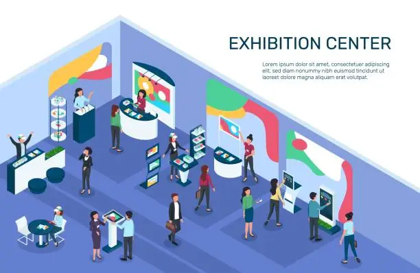 Vector illustration of Isometric expo. Exhibition center with people, exhibit displays, stands, booths. Digital marketing, products promotion event 3d vector illustration