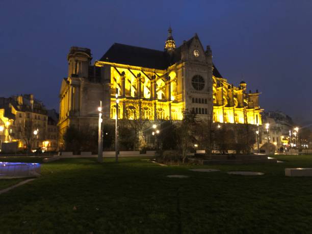 Church of Saint Eustache by night Church of Saint Eustache a magnificent Gothic architecture building église saint eustache stock pictures, royalty-free photos & images