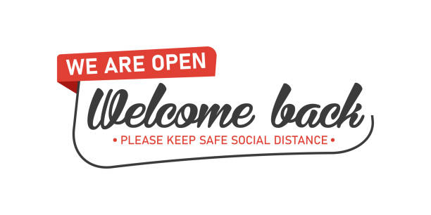 Open sign on the front door - welcome back We are working again. Keep social distance. Vector Eps 10 Open sign on the front door - welcome back We are working again. Keep social distance. again stock illustrations