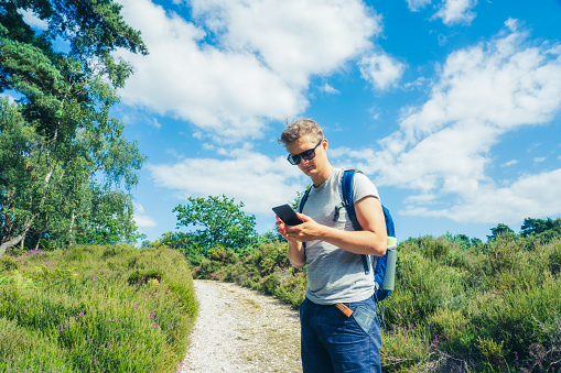 Young Male tourist with backpack using smartphone navigation app during hiking walk in the summer forest. Technology in everyday life. Local Traveling. Freedom and active lifestyle concept. Copy space