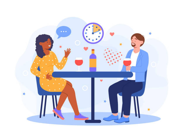 bildbanksillustrationer, clip art samt tecknat material och ikoner med ung man och kvinna sitter vid bordet och pratar - speed dating
