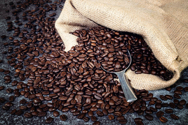 A Coffee burlap sack and brown coffee beans. stock photo
