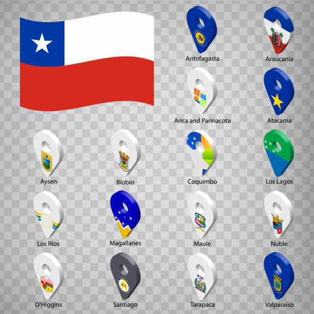 шестнадцать флагов регионов чили - алфавитный порядок с именем.  набор 3d знаков геолокации, таких как флаги регионов чили.  шестнадцать 3d гео - coquimbo region stock illustrations