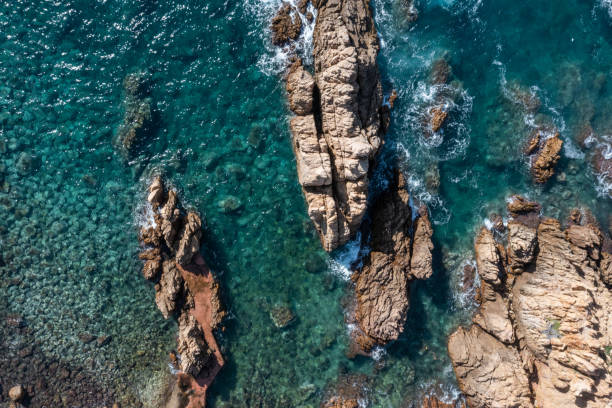 istock Drone view of clear blue sea and rocks 1317811649