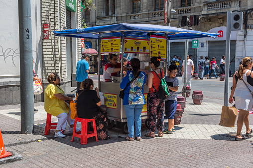 santiago, chile-february 27, 2020: Sales booth and strollers in a pedestrian street in Santiago, Chile