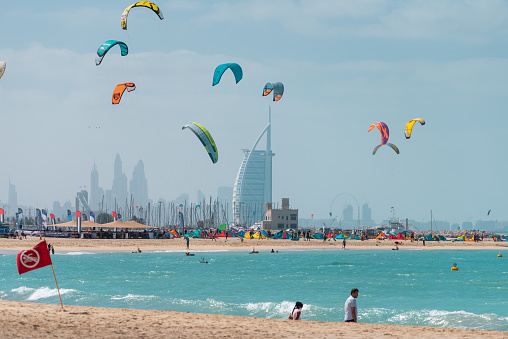 January  22nd 2021, Dubai UAE, A view of colorful kite belonging to Kite surfers flying over Kite beach in the sky of Dubai