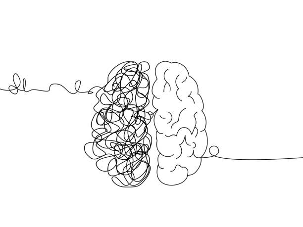 psychische gesundheit, gehirnentwicklung medizinische behandlungskonzept, linie in form von arrangieren chaotisch bis perfekt, komplizierte string versuchen, in die gleiche richtung zu gehen, vektor-illustration - brain stock-grafiken, -clipart, -cartoons und -symbole