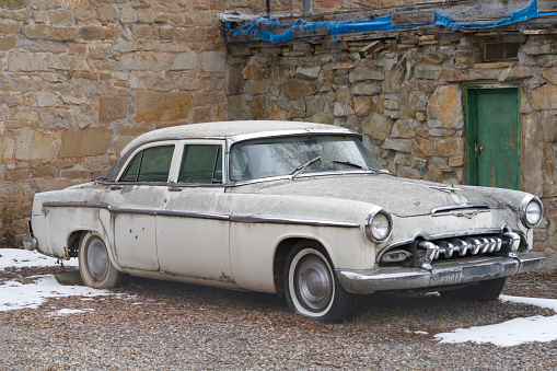 1954 Dodge Coronet, Front view of the vintage blue car with chrome bumpers. OUF 607\nRotten End, Hertfordshire, United Kingdom\n28th July 2013