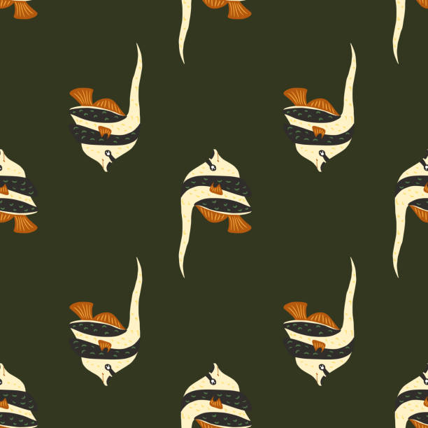 ilustrações de stock, clip art, desenhos animados e ícones de exotic fish seamless nature pattern with doodle imperial angelfish shapes. dark green background. - imperial angelfish