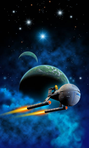 istock Spaceship Flying near a planetary system and nebula, 3d illustration 1317817374