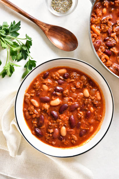 Close up view of cowboy beans with ground beef