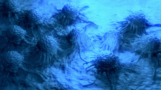 Hologram Cancer cells view - 3d rendered image, enhanced scanning electron micrograph (SEM) of cancer cell. Visual of overall shape of the cell's surface at a very high magnification.  Medical research concept.