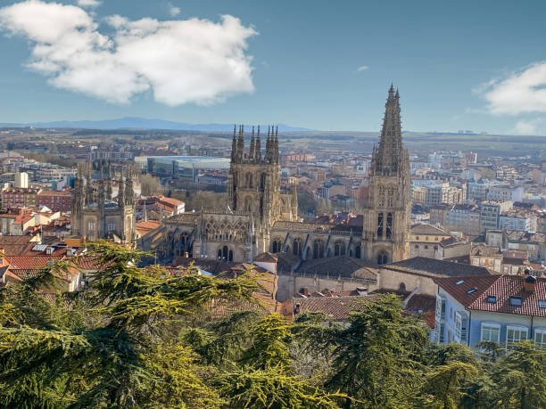 aerial view of Burgos, city with large cathedral in the center stock photo