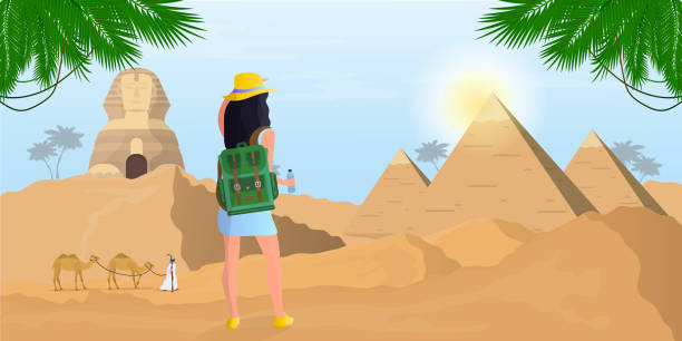 девушка с рюкзаком смотрит на египетского сфинкса и пирамиды. пустыня. вектор. - egypt pyramid cairo camel stock illustrations