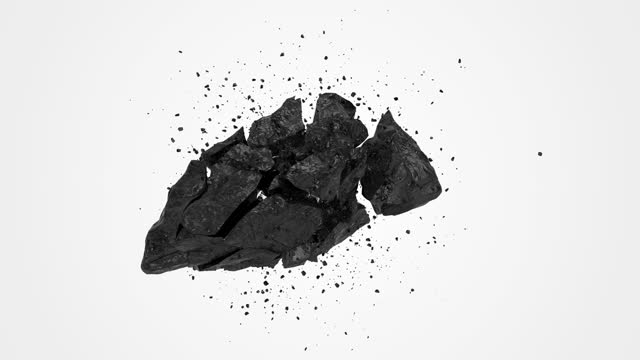 Black Stone Coal Cracked and Explode on White Background. Close-up Details of Big Dark Rock. Explosion Concept. Motion Graphics Destroy Illustration Stylish Art Backdrop Slow Motion Blast Footage Shot