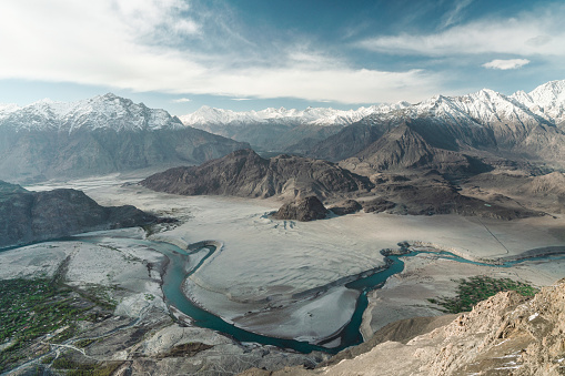 Scenic view of Indus river down in the valley in Northern Pakistan, Gilgit-Baltistan