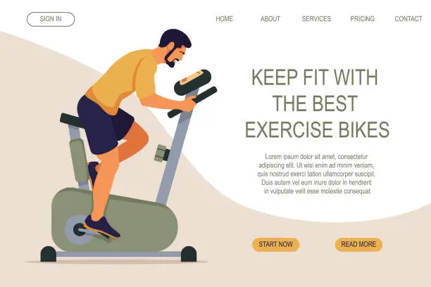 Vector illustration of Sporty man on exercise bike