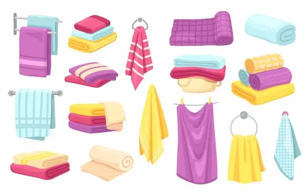 Vector illustration of Bath towels. Cartoon folded towel, hanging cloth, rolled fabric. Kitchen or bathroom textile, cotton clothing materials isolated vector set