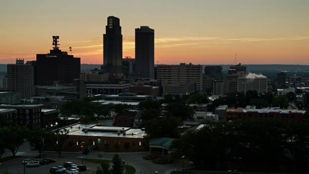Sun Rising Between Office Towers in Downtown Omaha