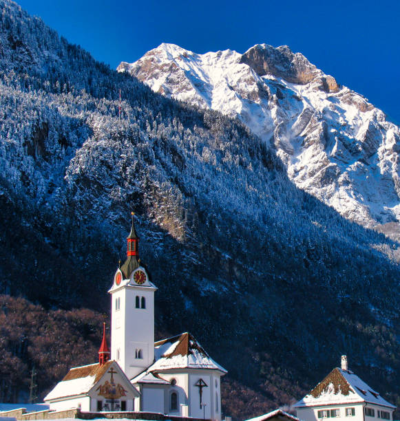 Snowy landscape around the village of Madulain in the Swiss canton of Graubunden