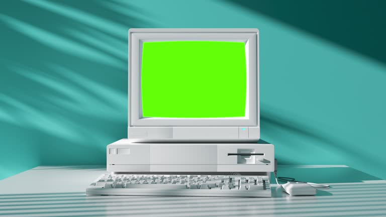 80s Style Old School Computer with Green Screen Technology. Retro Pc Computing Machine Element Indoors Home with Alpha Channel. Mockup Graphics Obsolete Hardware Tech in 1990s. Workspace Video Shot 4k