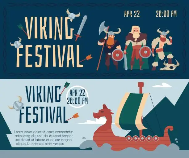 Vector illustration of Set horizontal banners for Viking festival carnival, flat vector illustration.