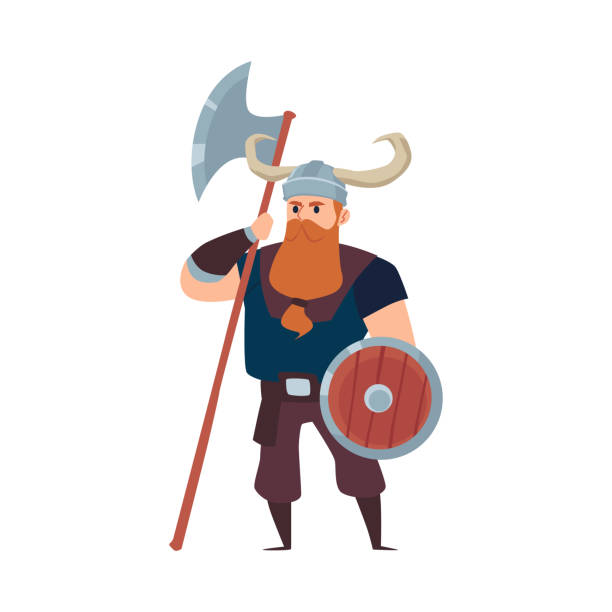 ilustraciones, imágenes clip art, dibujos animados e iconos de stock de guerrero vikingo en casco con cuernos sostiene hacha, ilustración vectorial plana aislada. - viking mascot warrior pirate