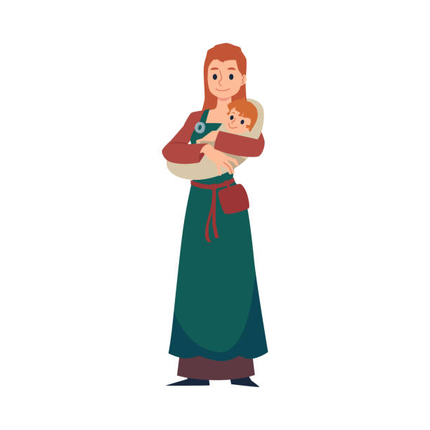 ilustrações, clipart, desenhos animados e ícones de personagem viking medieval segurando bebê flat vector ilustração isolada. - computer graphic image characters full