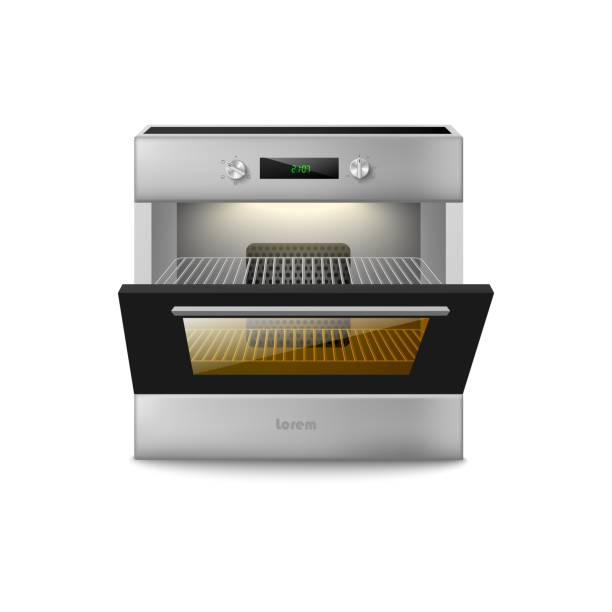Template of electric oven with open door realistic vector illustration isolated. Template of electric oven with open door and switched on light, realistic vector illustration isolated on white background. Kitchen cooking stove with transparent window. oven door stock illustrations
