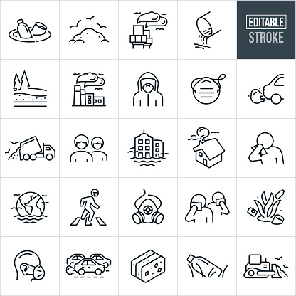 A set of air, water and waste pollution icons that include editable strokes or outlines using the EPS vector file. The icons include trash floating in the water, landfill full of garbage and waste, smoke stacks spewing smoke and air pollution, drain pipe with waste water, factory with smoke and pollution coming from smoke stacks, person in hazmat suit, dust mask, people wearing face mask, car exhaust, garbage truck dumping garbage, business buildings surrounded by air pollution, house with smoke coming out of the chimney, person covering face with cloth, earth engulfed in air pollution, people covering faces because of air pollution, gas mask, ocean with trash, traffic emitting exhaust into the air, litter and trash in the grass and other related icons.