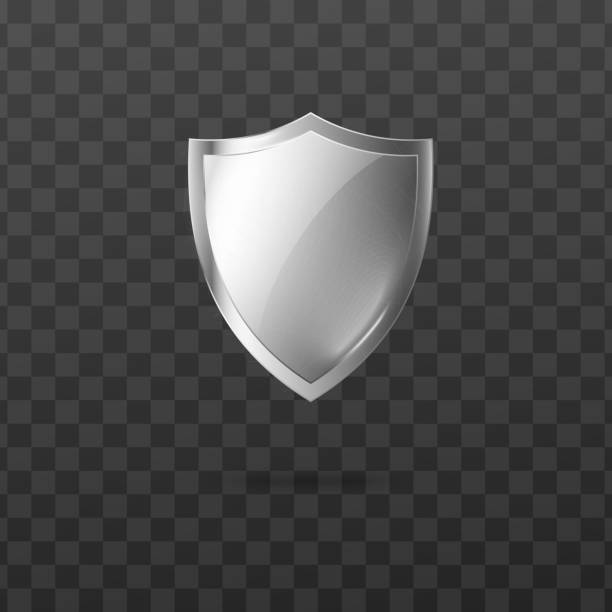 Glossy security metal or glass shield realistic vector illustration isolated. Glossy security shield of silver metal or glass, realistic vector illustration isolated on transparent background. Template of shield panel with reflection and glow. riot shield stock illustrations