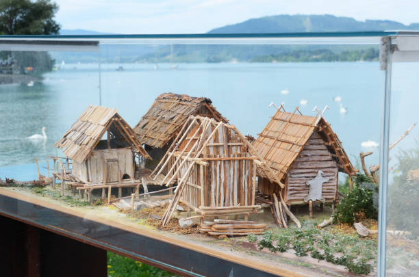 Model of a pile dwelling village Model of a pile dwelling village in Seewalchen on the lake Attersee, Austria, Europe stilt house stock pictures, royalty-free photos & images