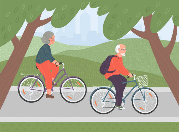 ilustrações, clipart, desenhos animados e ícones de casal de idosos pedala de bicicleta juntos no parque da cidade - senior adult couple mature adult bicycle