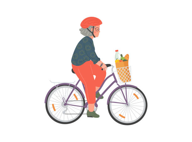 Senior woman cycles on bicycle with basket Senior woman cycles on bicycle with basket. Elderly woman in helmet with grocery bag on bike. mature woman healthy eating stock illustrations
