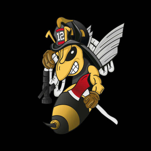 Bee firefighter with a hose and an ax Bee firefighter with a hose and an ax. Illustration on a black background bee water stock illustrations