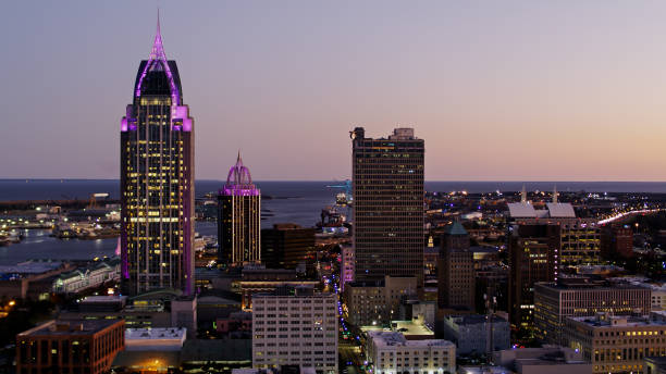 istock Mobile, Alabama Lit Up at Twilight - Aerial 1317834082