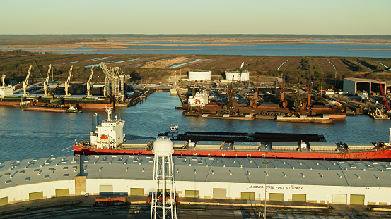 Aerial shot of the Alabama State Port Authority at the Port of Mobile.
