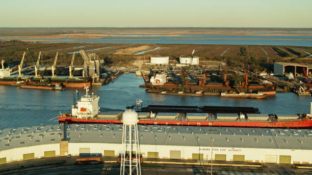 Bulk Carrier Moored in the Port of Mobile Aerial shot of the Alabama State Port Authority at the Port of Mobile. mobile bay stock pictures, royalty-free photos & images