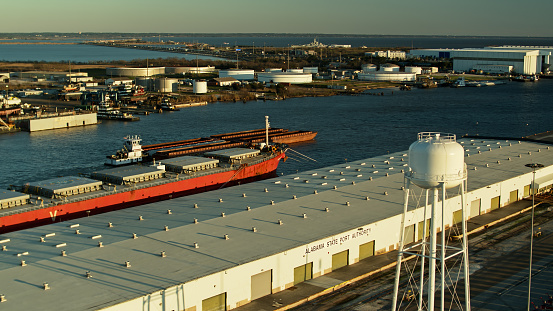 Aerial shot of the Alabama State Port Authority at the Port of Mobile.