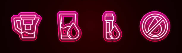 istock Set line Water jug with a filter, Glass water, Test tube drop and forbidden. Glowing neon icon. Vector 1317834313