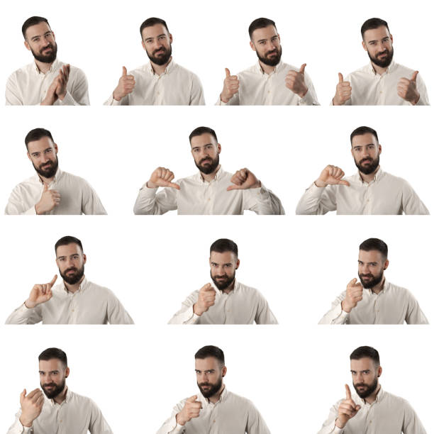 istock Set of business man clapping, showing thumbs up and down various gestures 1317834521