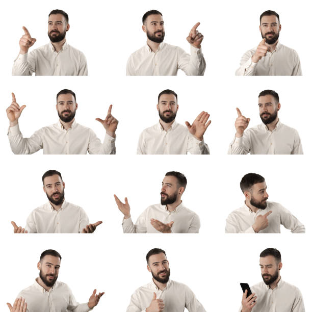 Set of business man headshots using many touch screen gestures then talking happy.
