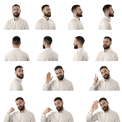 Set of business man turning and rotating 360 degrees then waving and greeting. Portraits isolated on white background.