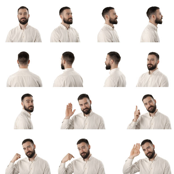 Set of business man turning and rotating 360 degrees then waving and greeting Set of business man turning and rotating 360 degrees then waving and greeting. Portraits isolated on white background. turning back stock pictures, royalty-free photos & images