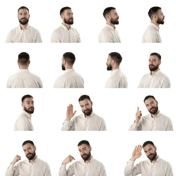 Photo of Set of business man turning and rotating 360 degrees then waving and greeting
