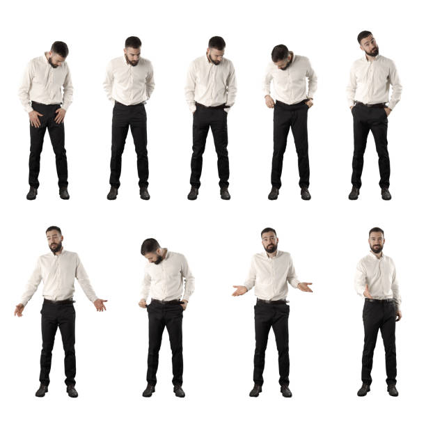 Collection of business man checking empty pockets sad and confused bankruptcy concept. Collection of business man checking empty pockets sad and confused bankruptcy concept. Set of full body isolated on white background. looking around stock pictures, royalty-free photos & images
