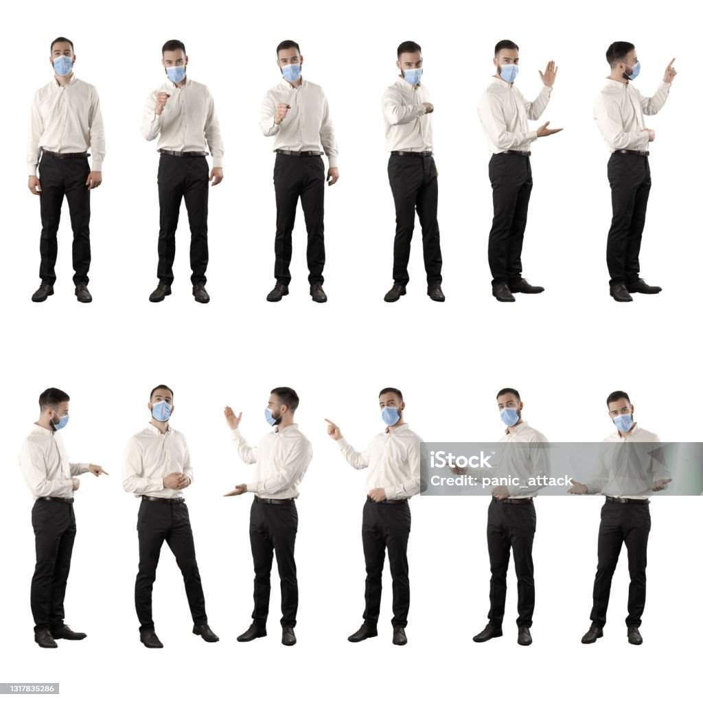 Collection of business man with face mask greeting with fist bump and presenting and pointing finger. Collection of business man with face mask greeting with fist bump and presenting and pointing finger. Set of full body isolated on white background. Men Stock Photo