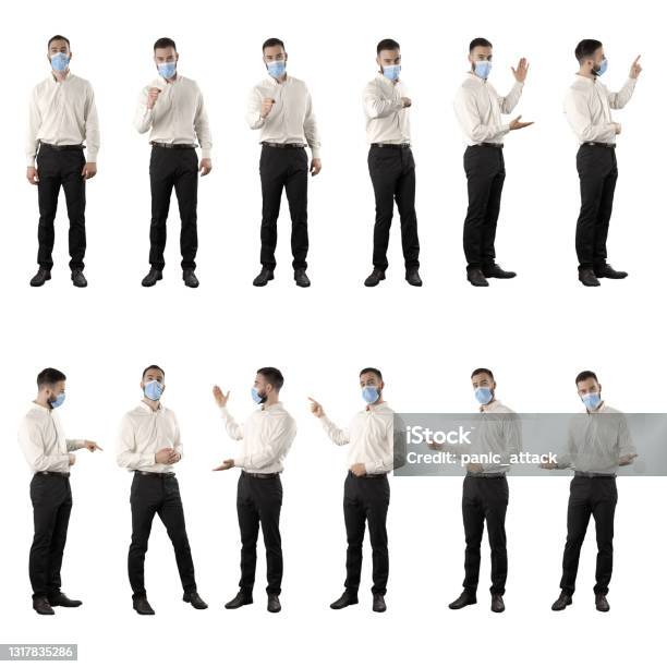 Collection Of Business Man With Face Mask Greeting With Fist Bump And Presenting And Pointing Finger Stock Photo - Download Image Now